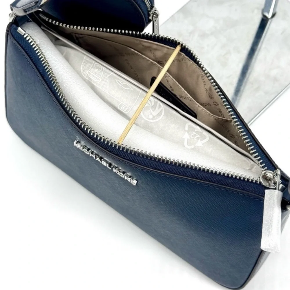 Michael Kors Small Leather Crossbody Bag w Case for Apple Airpods Pro® Navy - Picture 8 of 11